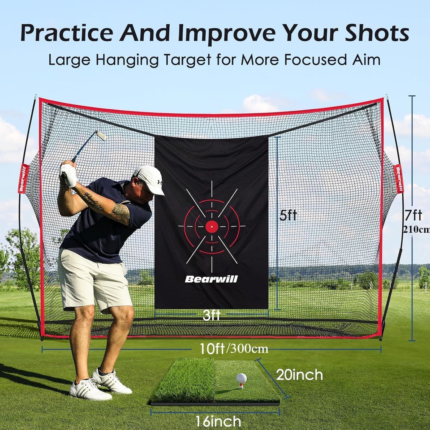 Golf Practice Net, 3X2M Golf Net with Chipping Net, Golf Mat, Silk Target, 8 Golf Tees, 6 Golf Balls, Carry Bag, Golf Hiting Nets for Backyard Driving Chipping Indoor Outdoor Use
