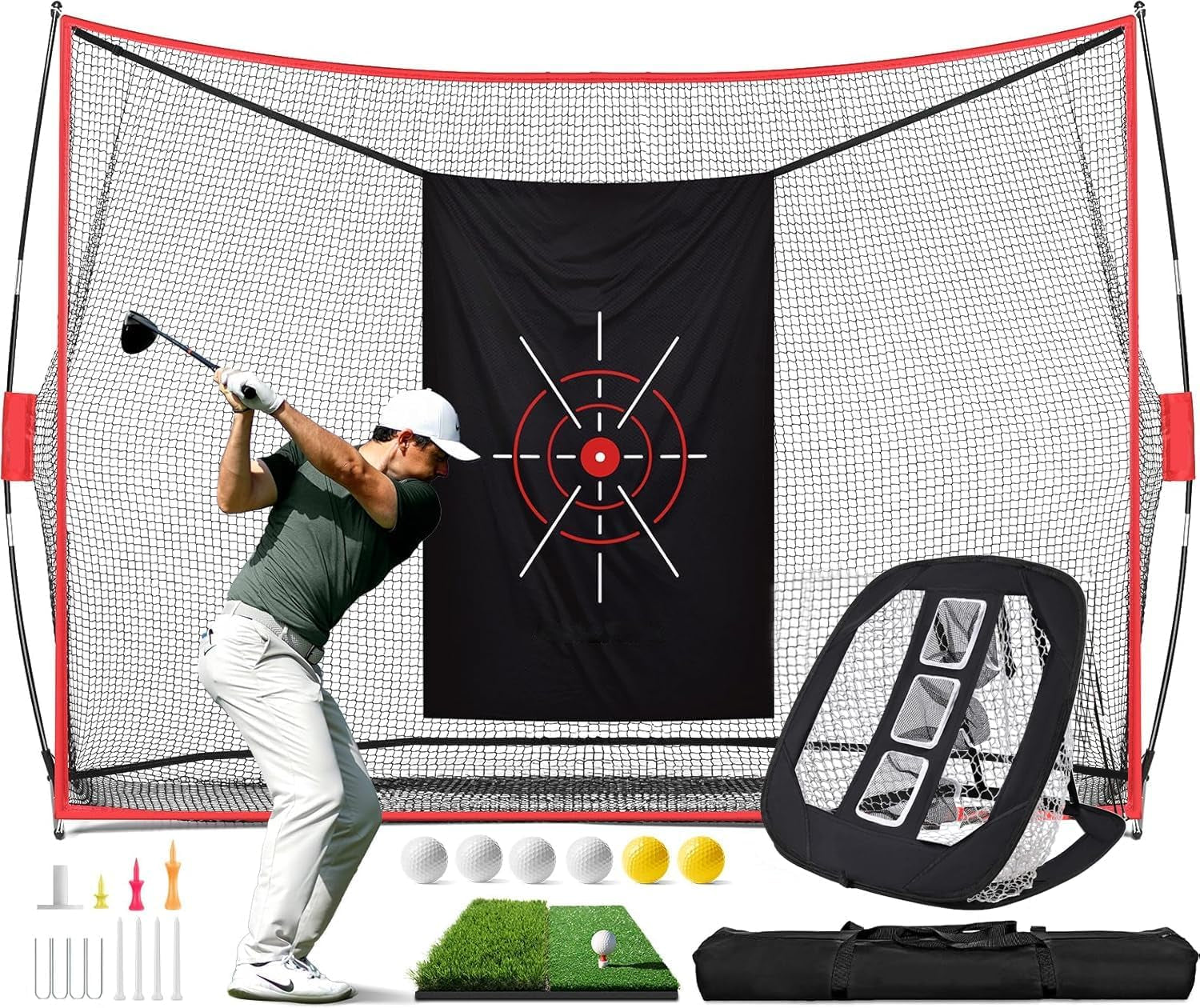 Golf Practice Net, 3X2M Golf Net with Chipping Net, Golf Mat, Silk Target, 8 Golf Tees, 6 Golf Balls, Carry Bag, Golf Hiting Nets for Backyard Driving Chipping Indoor Outdoor Use